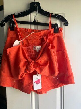 Coral Bow-Front Crop Top & High Waist Shorts Set